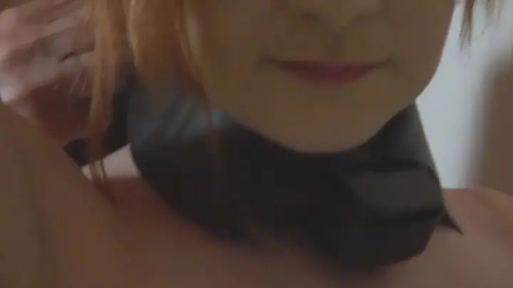 Redhead in leather collar gets locked in gold chastity belt