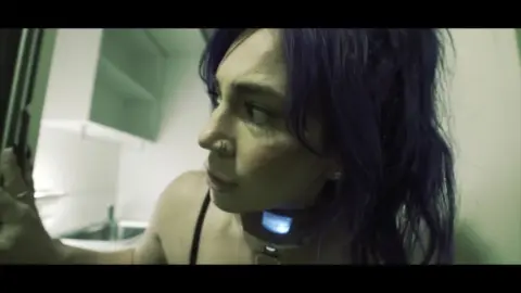 Asian girl with neck tattoo fucks another in bedroom and bathroom