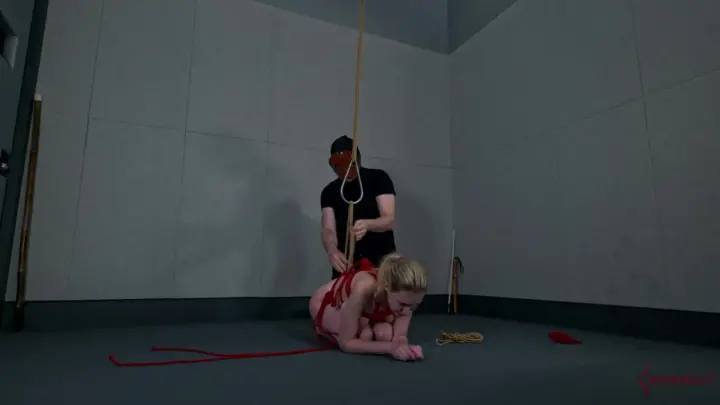 Blonde in ropes gets fucked doggy and gives blowjob