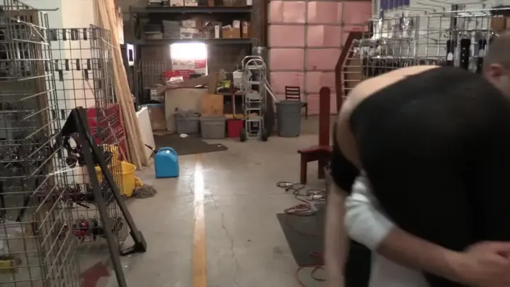 Blonde in black mask gets suspended and fucked in warehouse basement