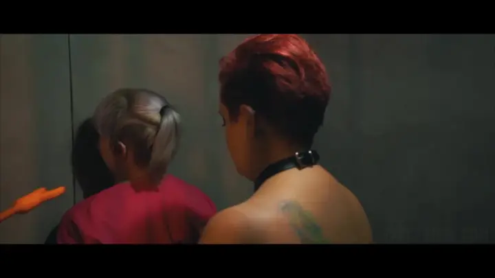 Blonde in cage & two blondes back to back in bathroom sex scenes